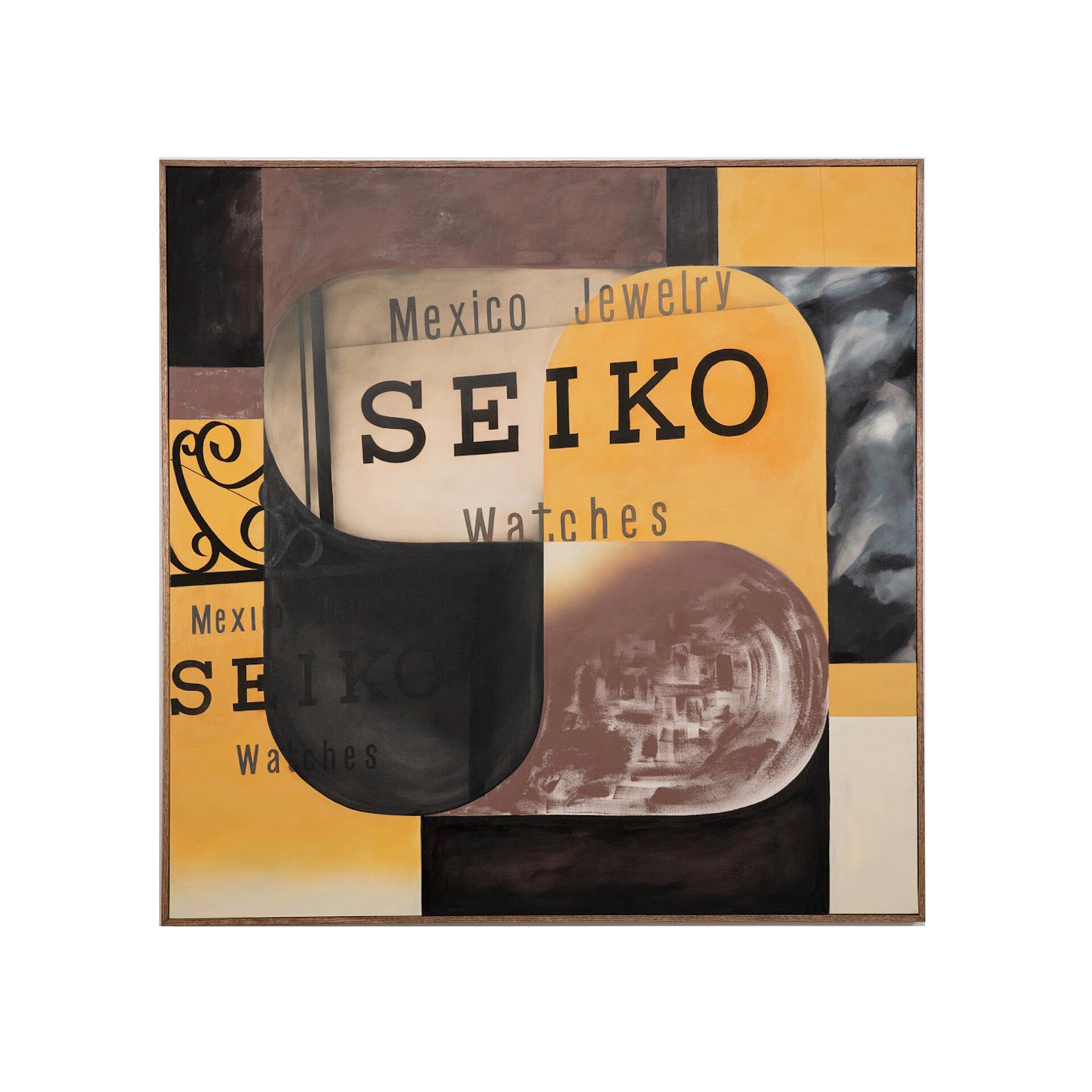 Painting in black and yellow with text that reads