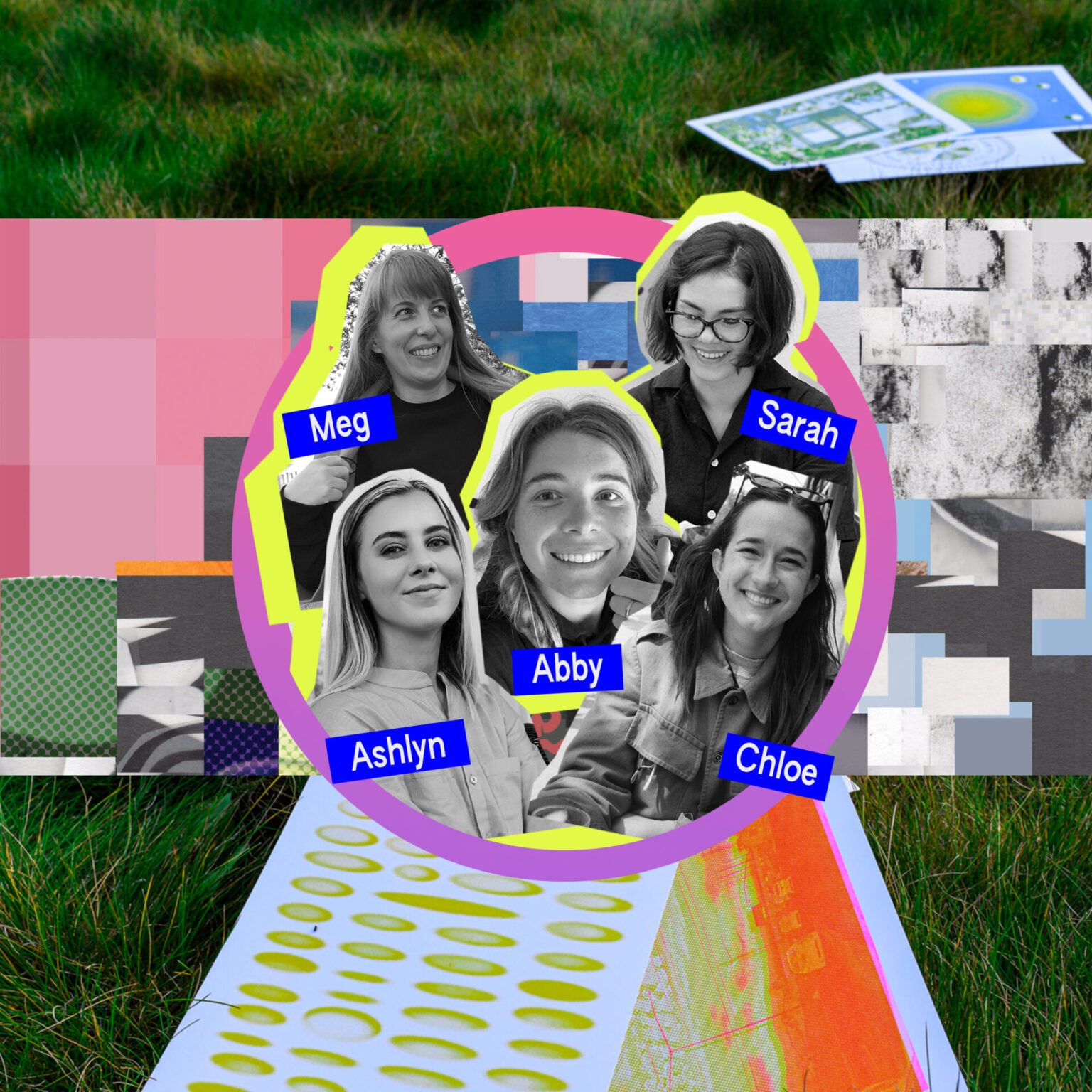A group of black & white portraits of collective members collaged on a colorful background