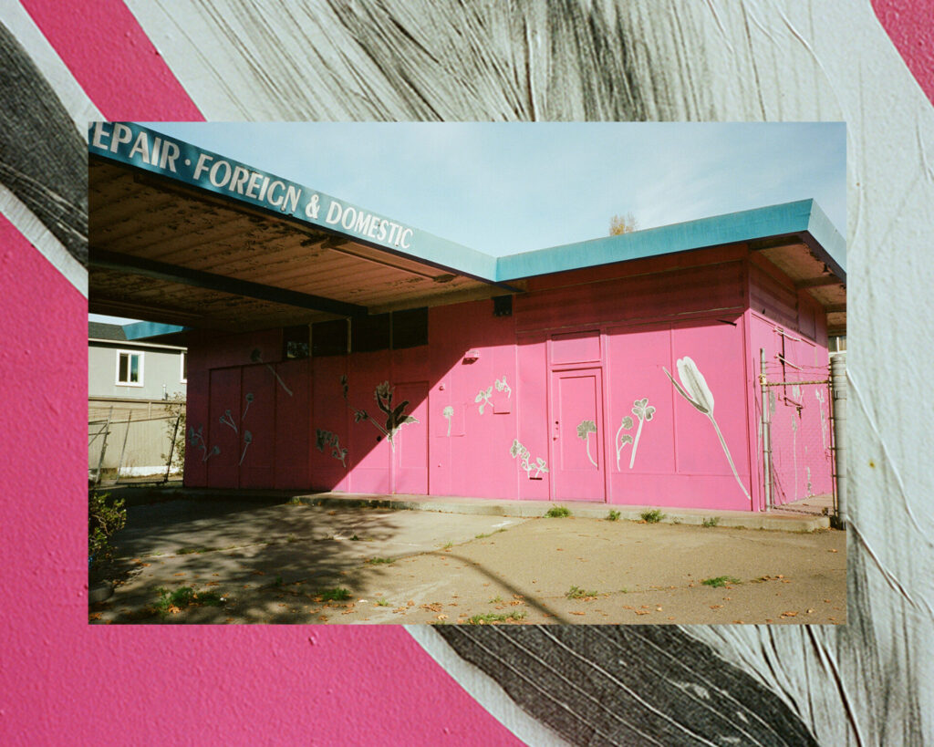 A mural of image sof plants against a pink ground on a building with a pale blue roof