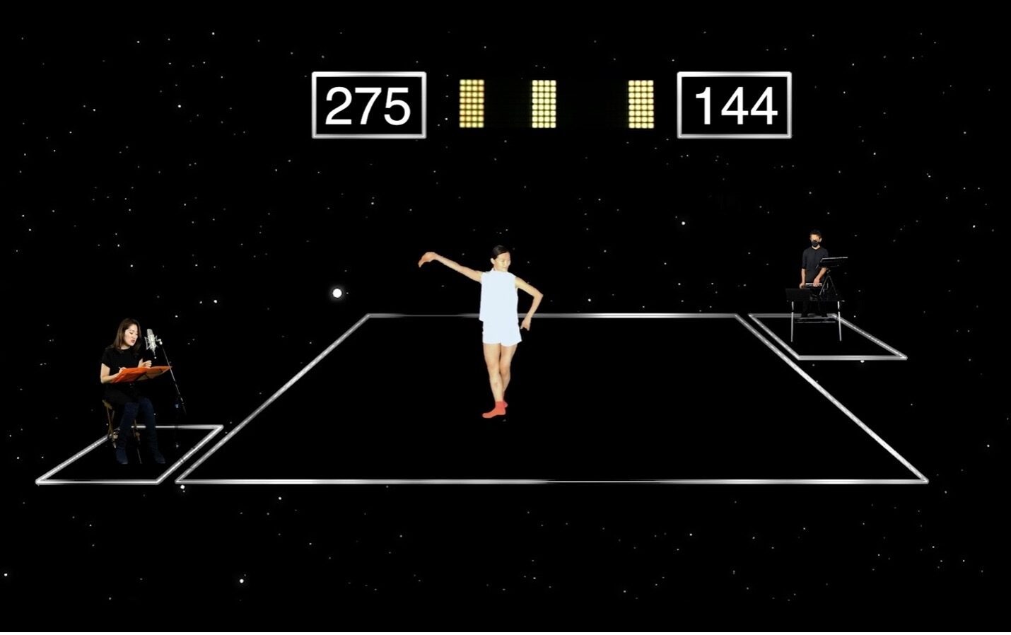 Byoul Part 1: 246 at 40 (2020), 15-minute virtual performance, image features Melody Shim, DaEun Jung, Daniel Corral, REDCAT, Los Angeles, CA, 2021, screen capture